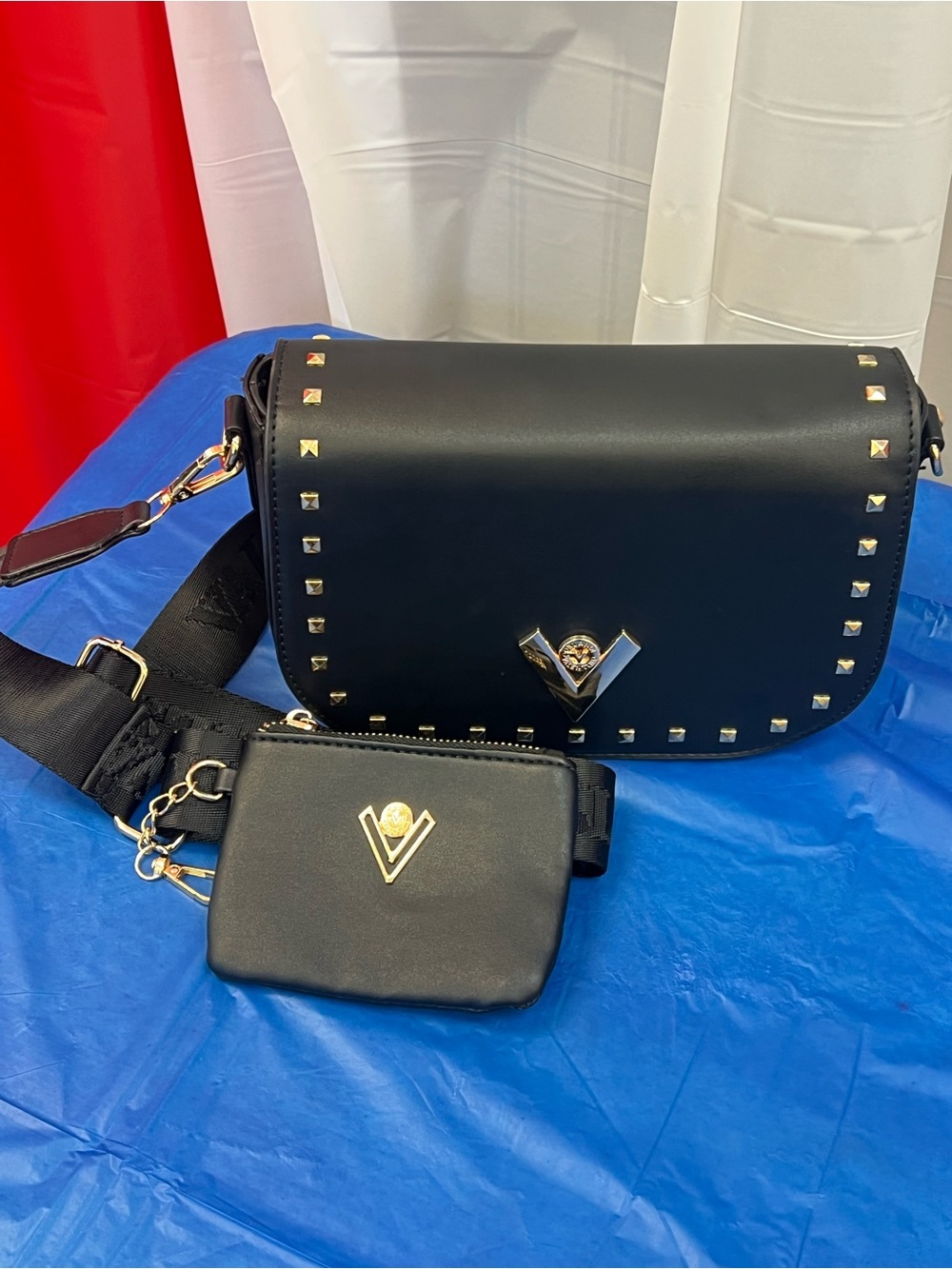 Black Stud-Trim Crossbody Bag with Coin Pouch